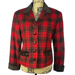 VTG Sz 8P Red & Brown Plaid Wool Blend Blazer Equestrian Academia Classic